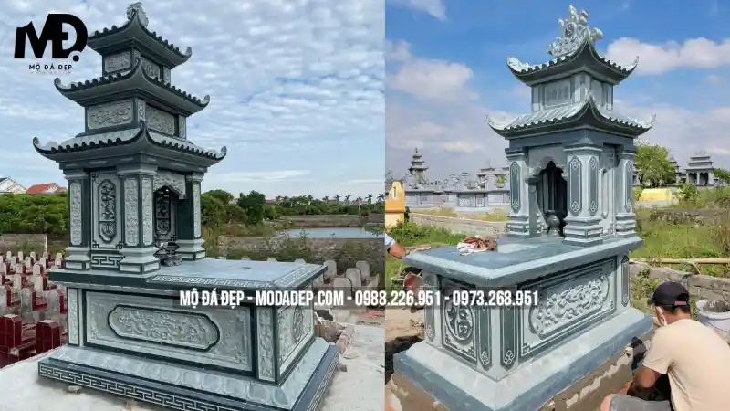 Mộ đá được điều khắc với các hoa văn rồng, phượng, hoa sen, tứ quý, chữ Thọ