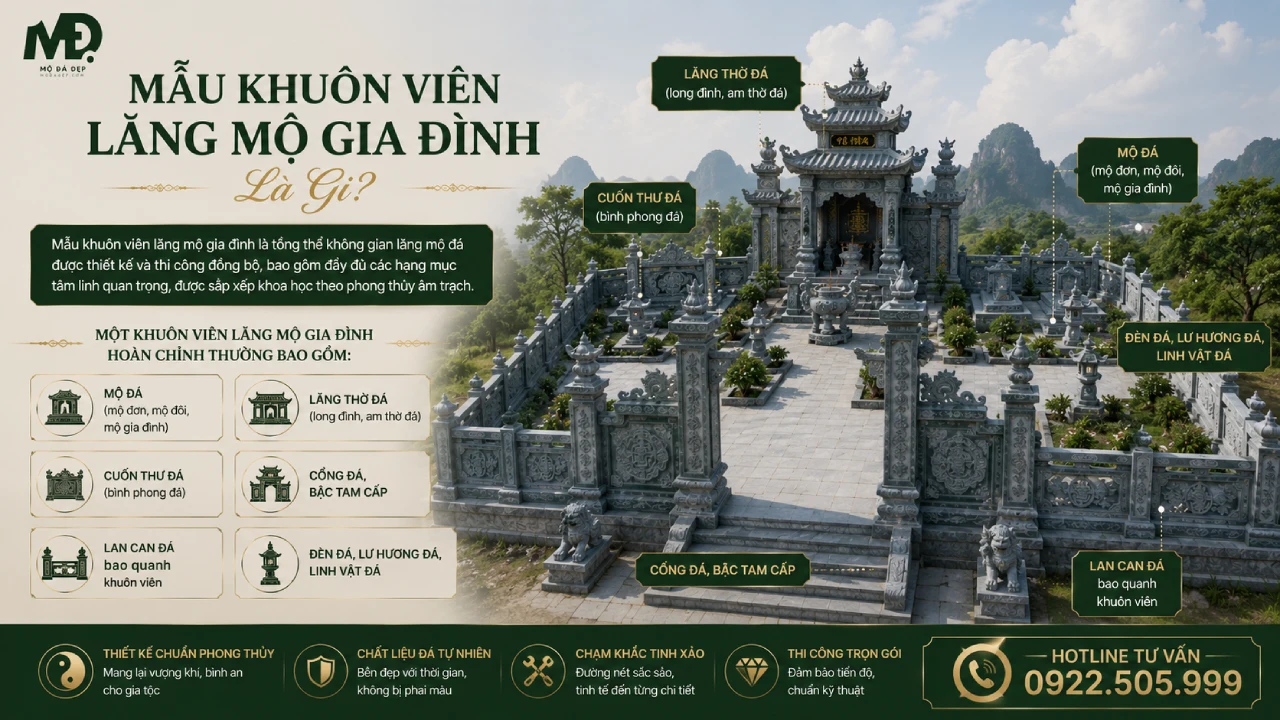 Khuôn viên lăng mộ gia đình bao gồm mộ đá, cuốn thư đá,..