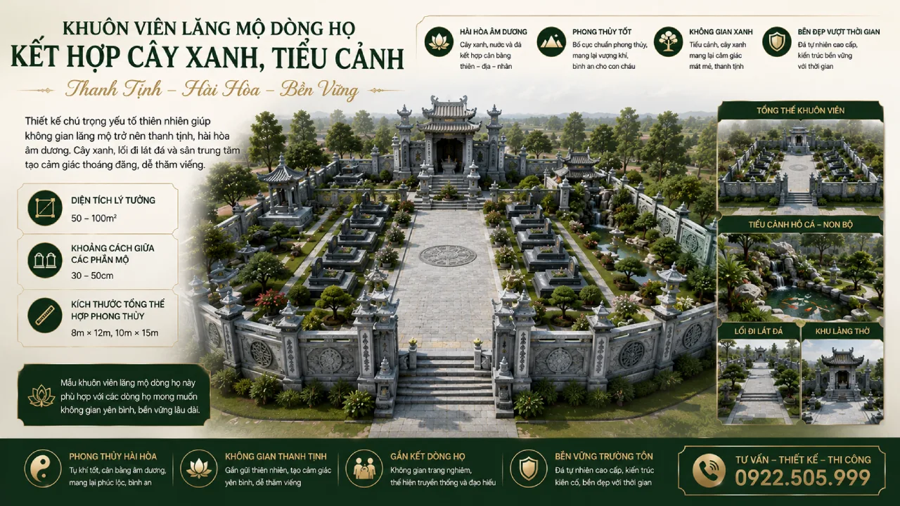 Mẫu khuôn viên lăng mộ dòng họ này phù hợp với các dòng họ mong muốn không gian yên bình, bền vững lâu dài.