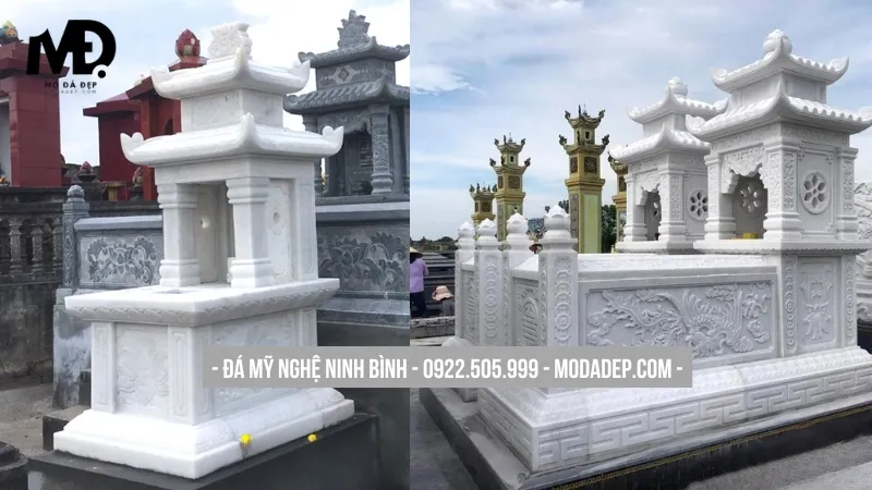 Mẫu mộ đá trắng cẩm thạch 2 mái tinh xảo