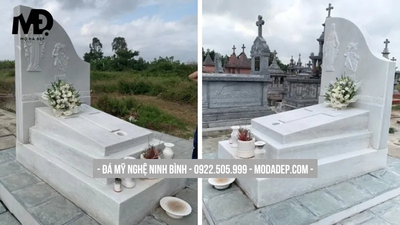 Mẫu mộ đá trắng công giáo đẹp, không mái đơn giản