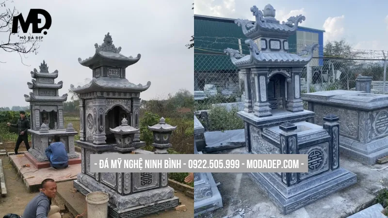 Mộ đá 2 mái nguyên khối chạm khắc tinh xảo cầu kỳ