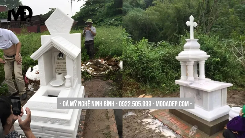 Mộ đá trắng một mái hoa cương sang trọng