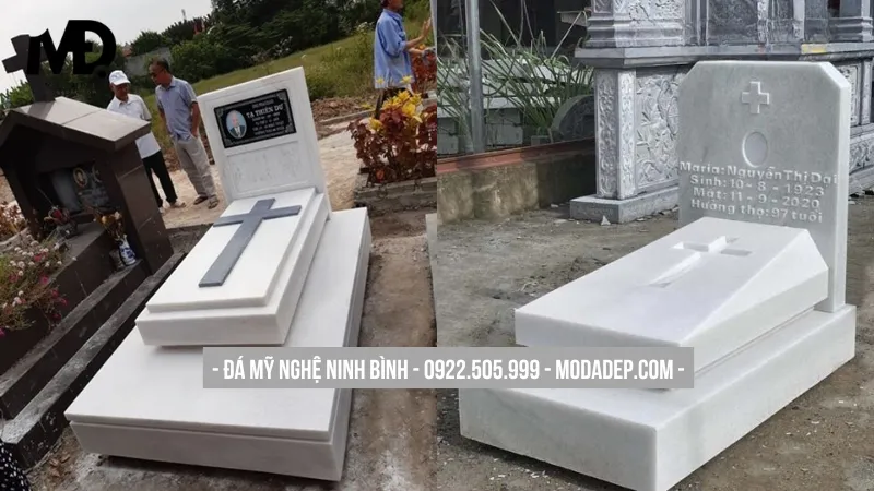 Mẫu bia mộ đá trắng công giáo đơn giản, thanh khiết