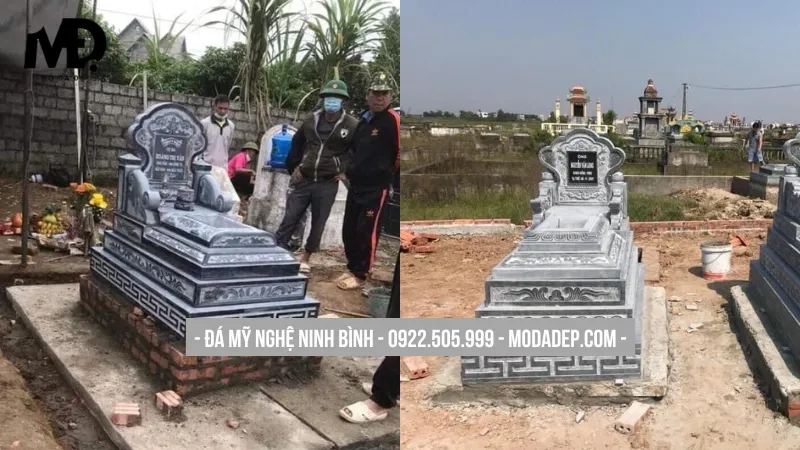 Mẫu bia mộ đá xanh rêu chạm khắc hoa văn cầu kỳ