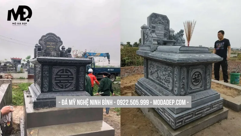 Thiết kế bia mộ đá xanh đen tinh tế, trang nghiêm