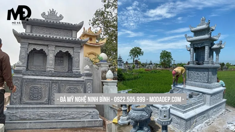 Mộ đá đôi 2 mái sang trọng bề thế cho khuôn viên lăng mộ rộng