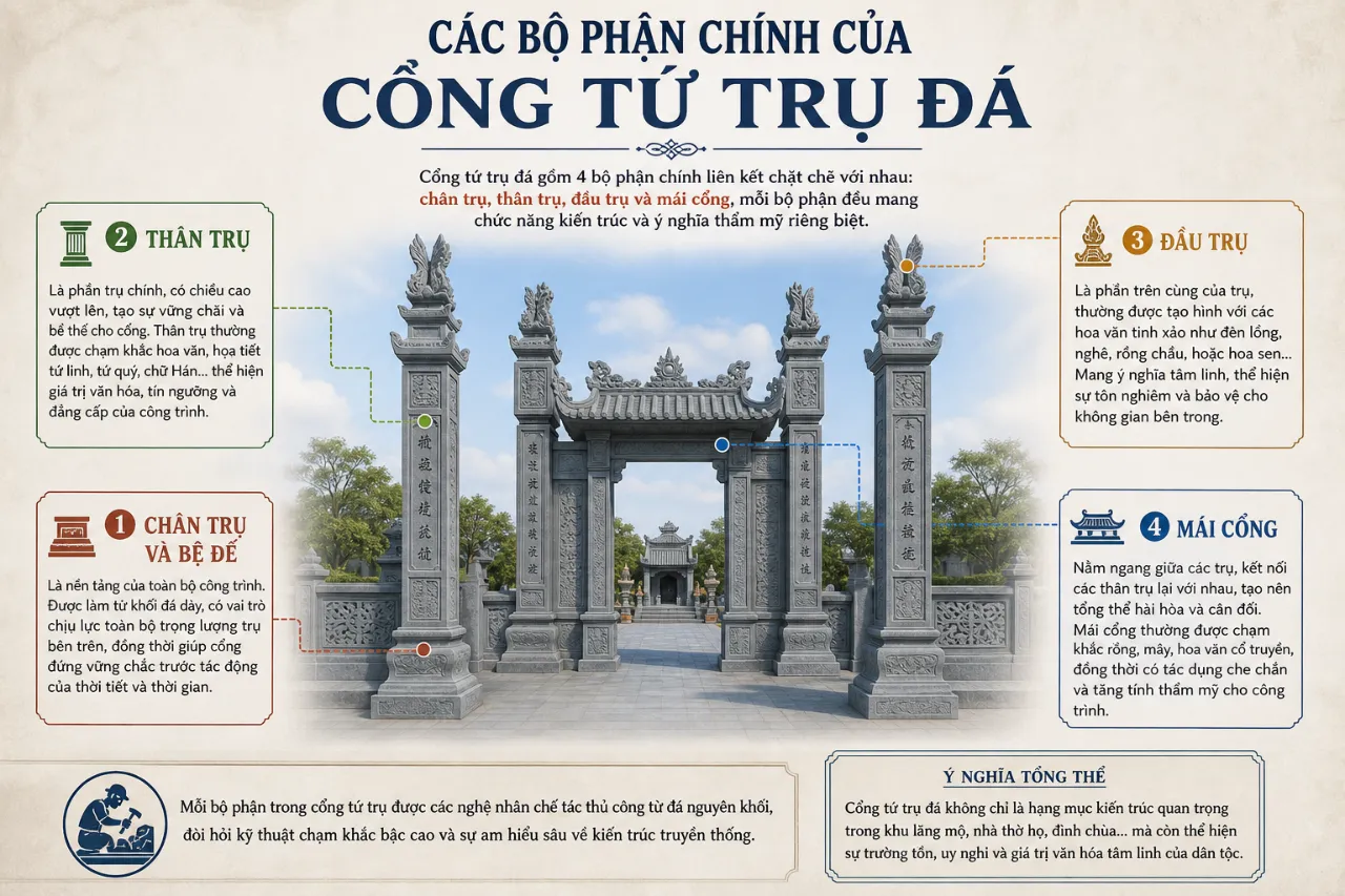 Các Bộ Phận Chính Của Cổng Tứ Trụ Đá