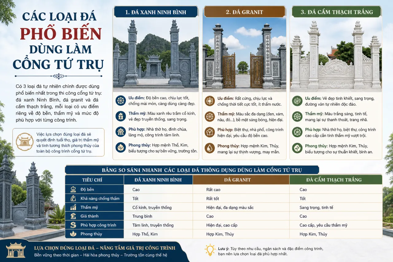 Các Loại Đá Phổ Biến Dùng Làm Cổng Tứ Trụ
