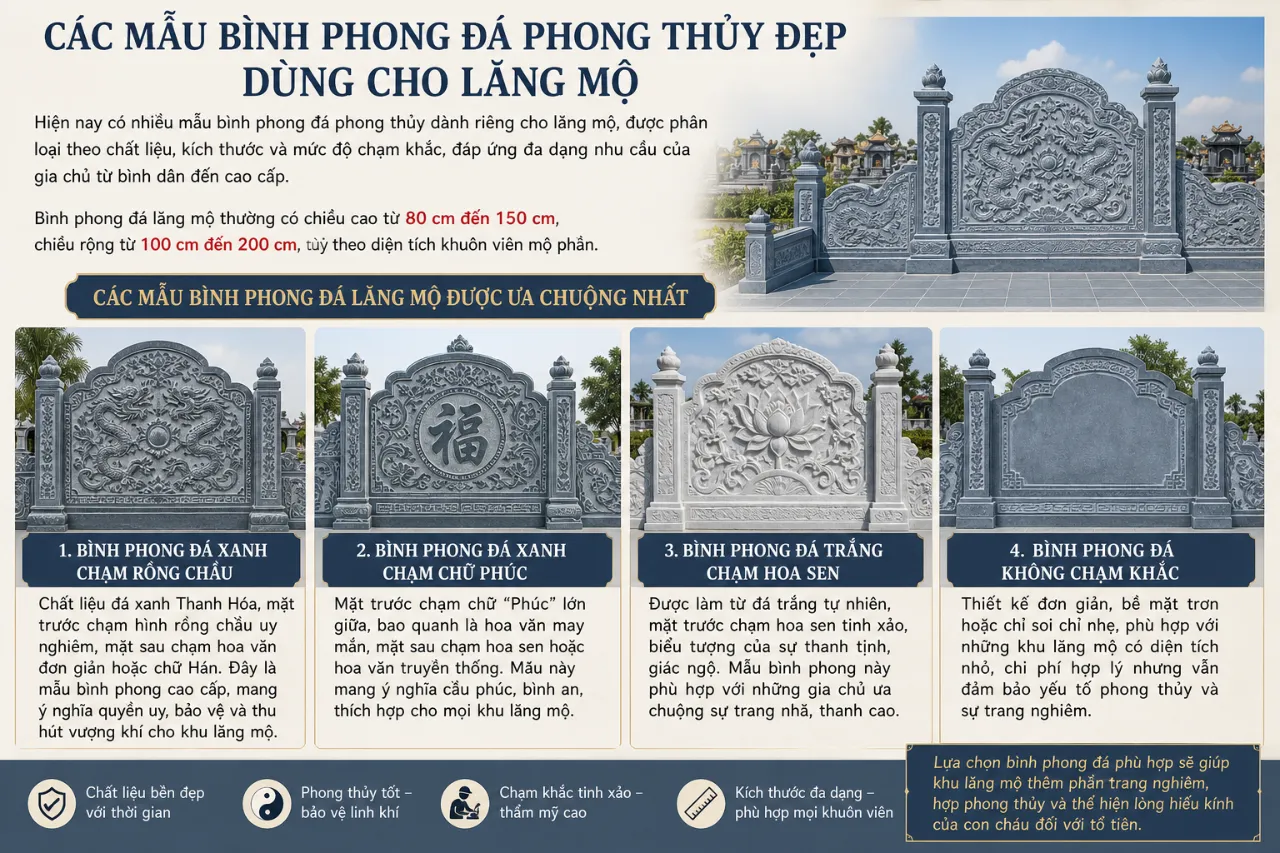 Các Mẫu Bình Phong Đá Phong Thủy Đẹp Dùng Cho Lăng Mộ