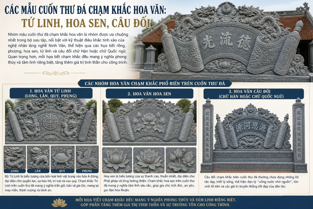 Các Mẫu Cuốn Thư Đá Chạm Khắc Hoa Văn: Tứ Linh, Hoa Sen, Câu Đối