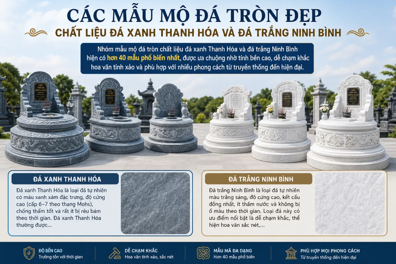 Các Mẫu Mộ Đá Tròn Đẹp Chất Liệu Đá Xanh Thanh Hóa Và Đá Trắng Ninh Bình