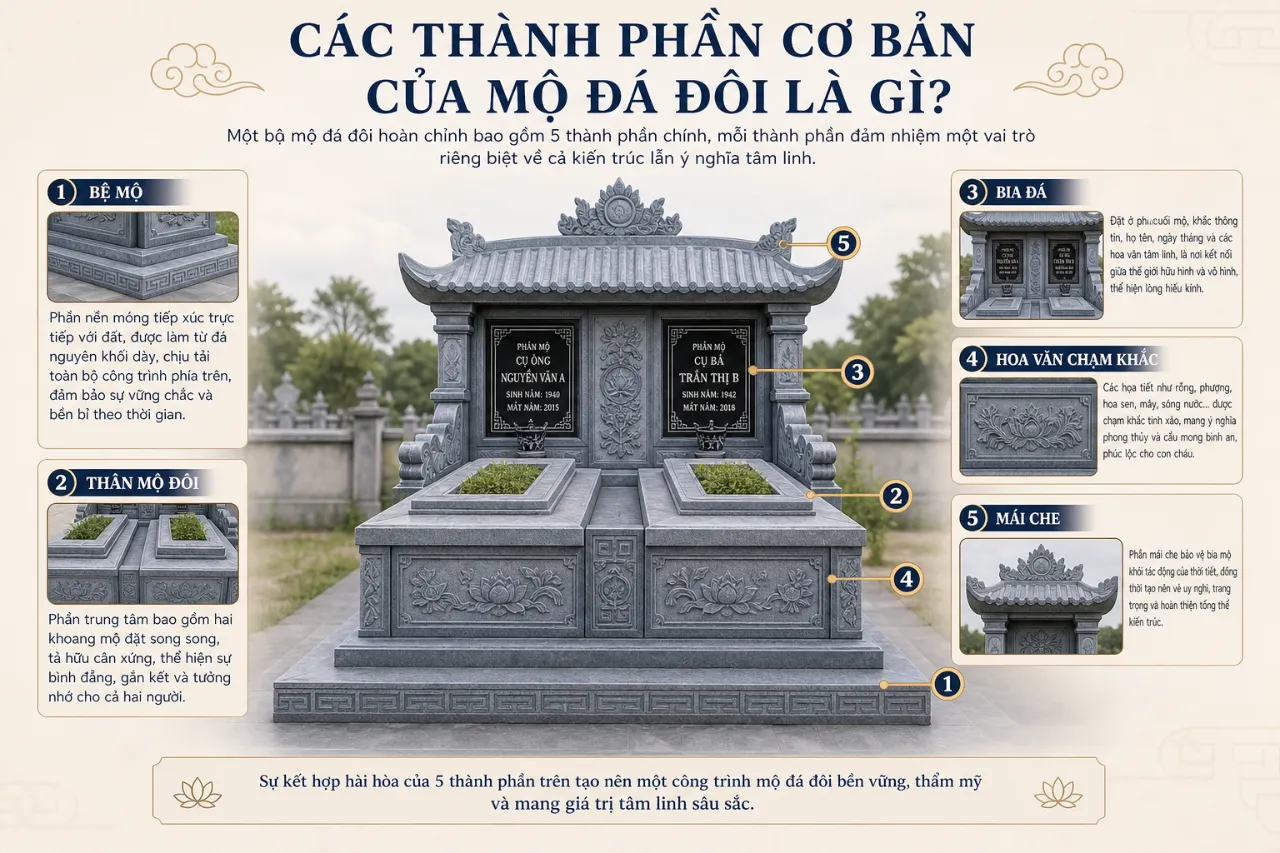 Các thành phần cơ bản của mộ đá đôi là gì?