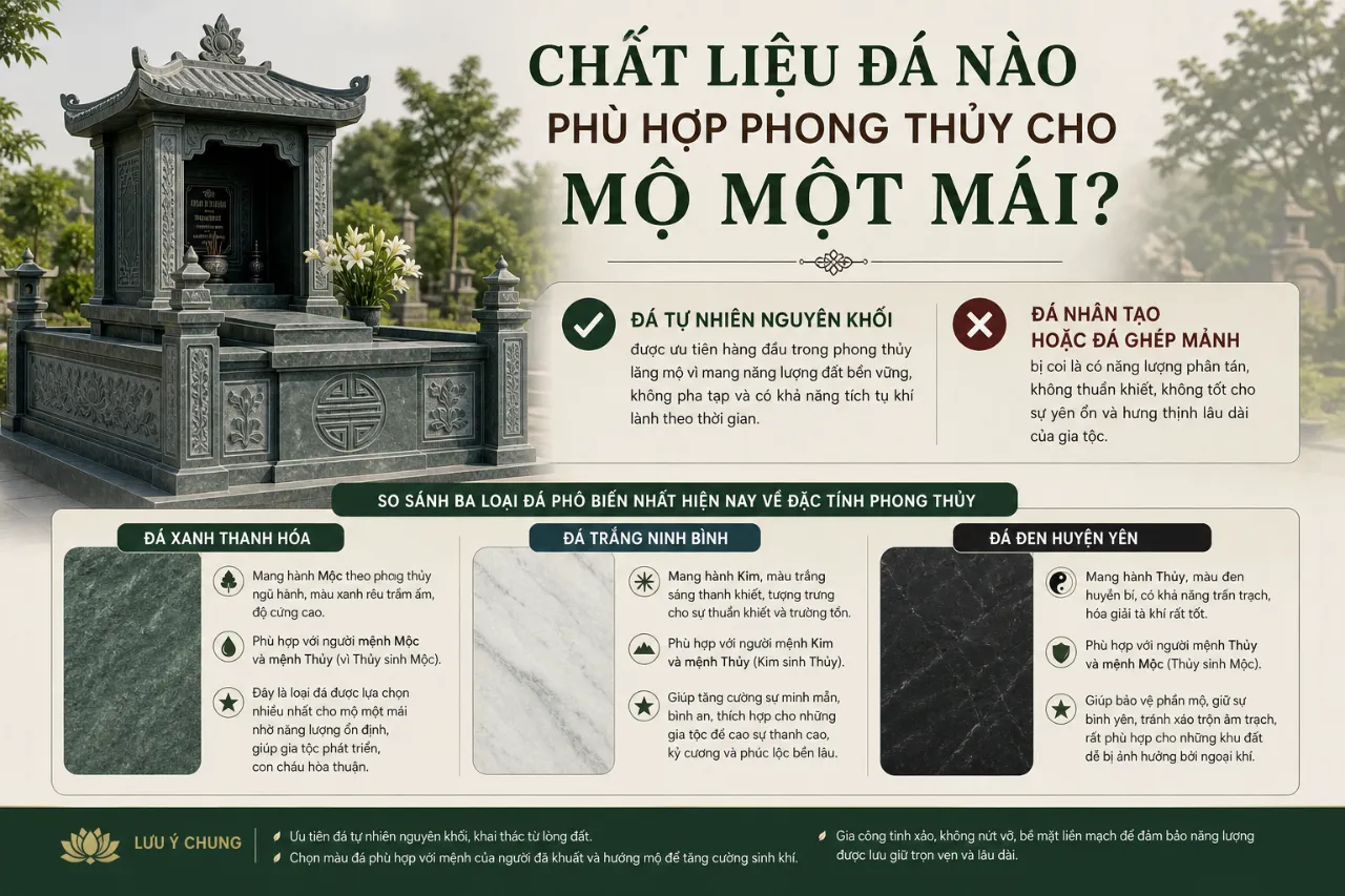 Chất liệu đá nào phù hợp phong thủy cho mộ một mái?