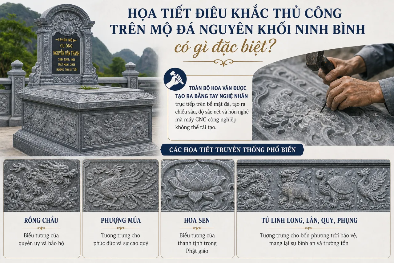 Họa tiết điêu khắc thủ công trên mộ đá nguyên khối Ninh Bình có gì đặc biệt?