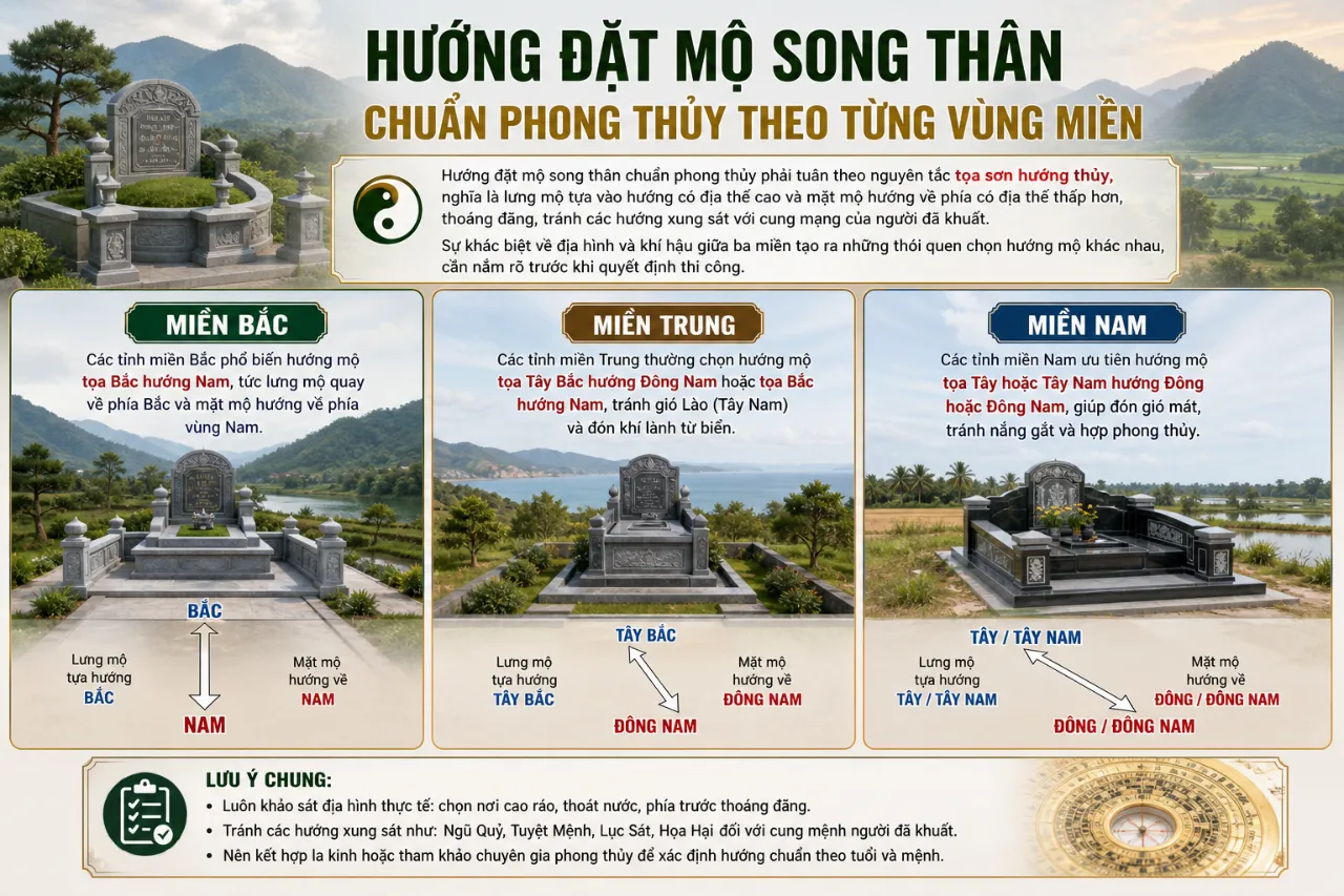 Hướng đặt mộ song thân chuẩn phong thủy theo từng vùng miền