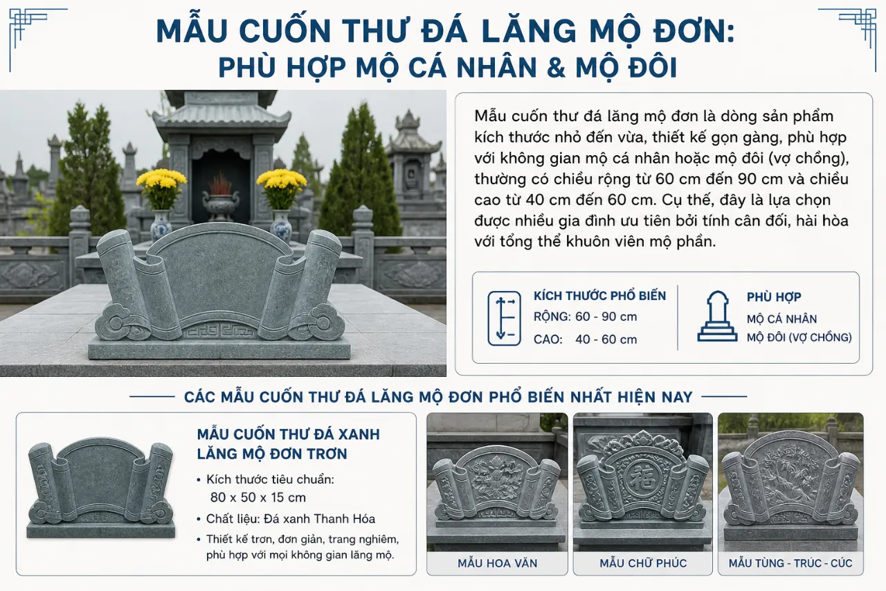Mẫu Cuốn Thư Đá Lăng Mộ Đơn: Phù Hợp Mộ Cá Nhân & Mộ Đôi