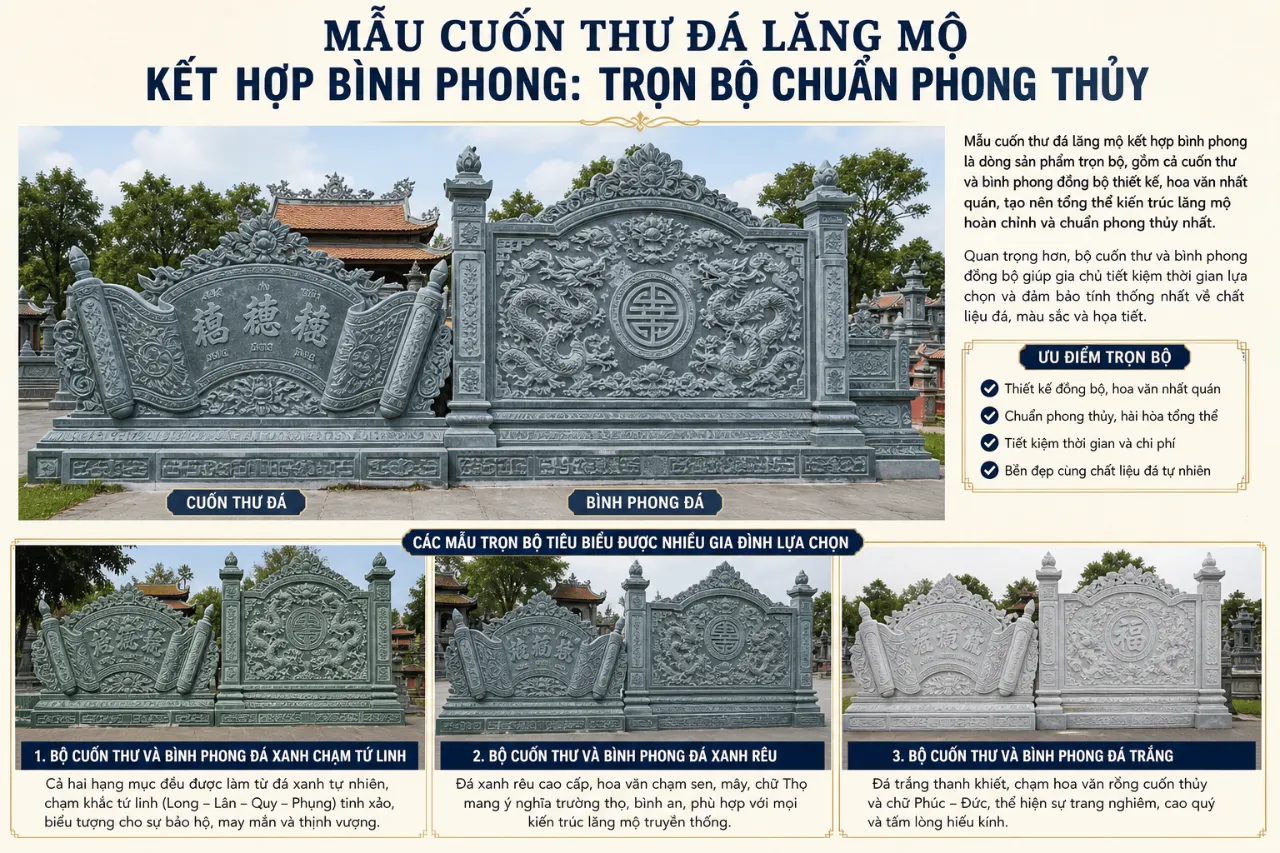 Mẫu Cuốn Thư Đá Lăng Mộ Kết Hợp Bình Phong: Trọn Bộ Chuẩn Phong Thủy