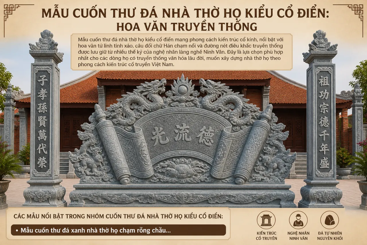 Mẫu Cuốn Thư Đá Nhà Thờ Họ Kiểu Cổ Điển: Hoa Văn Truyền Thống