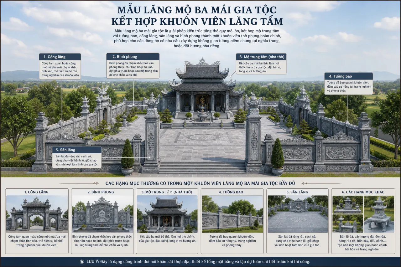 Mẫu Lăng Mộ Ba Mái Gia Tộc Kết Hợp Khuôn Viên Lăng Tẩm