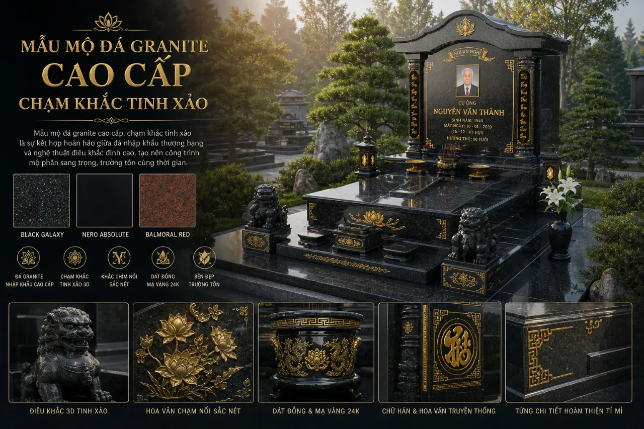 Mẫu mộ đá granite cao cấp, chạm khắc tinh xảo