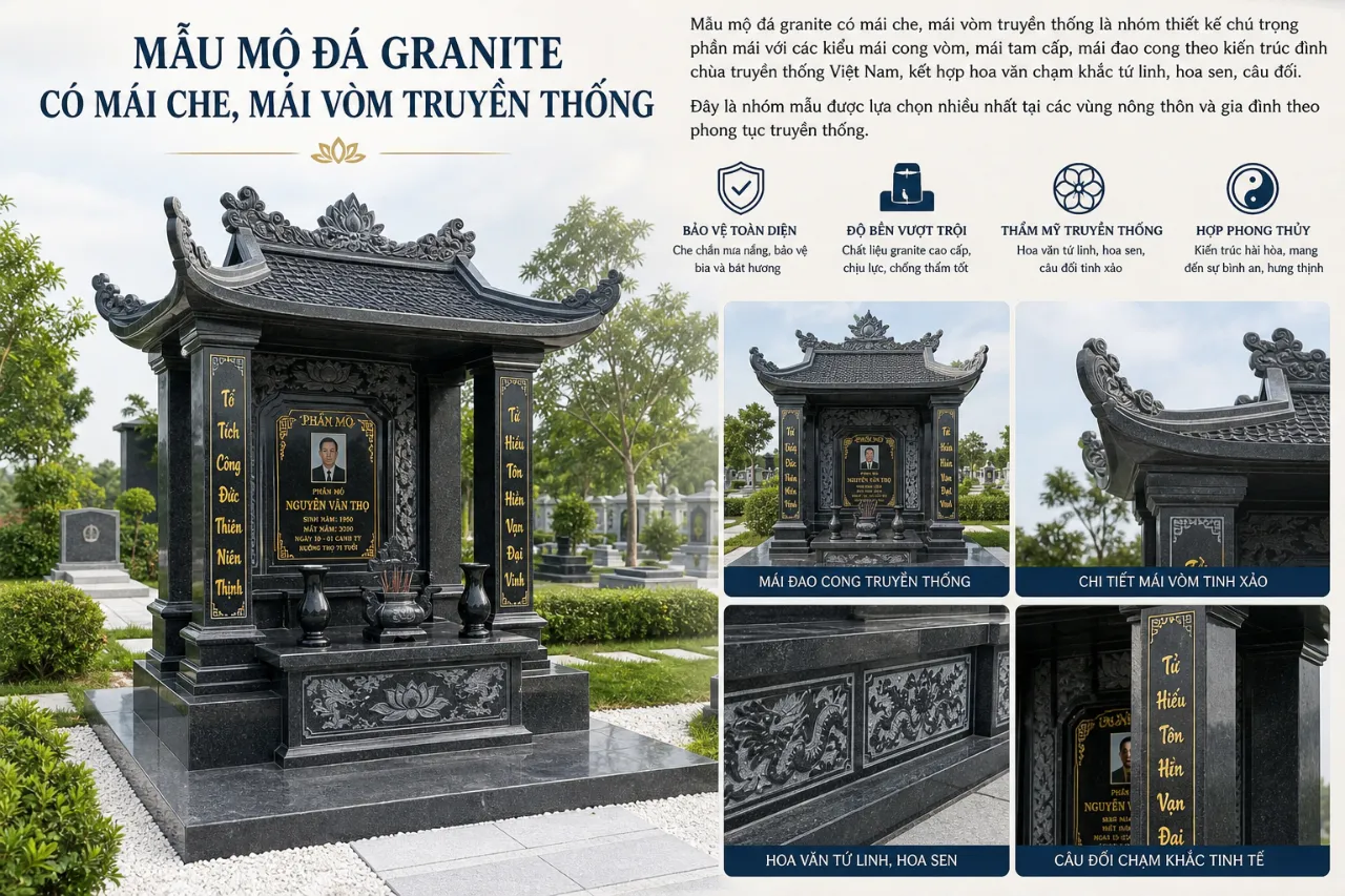 Mẫu mộ đá granite có mái che, mái vòm truyền thống