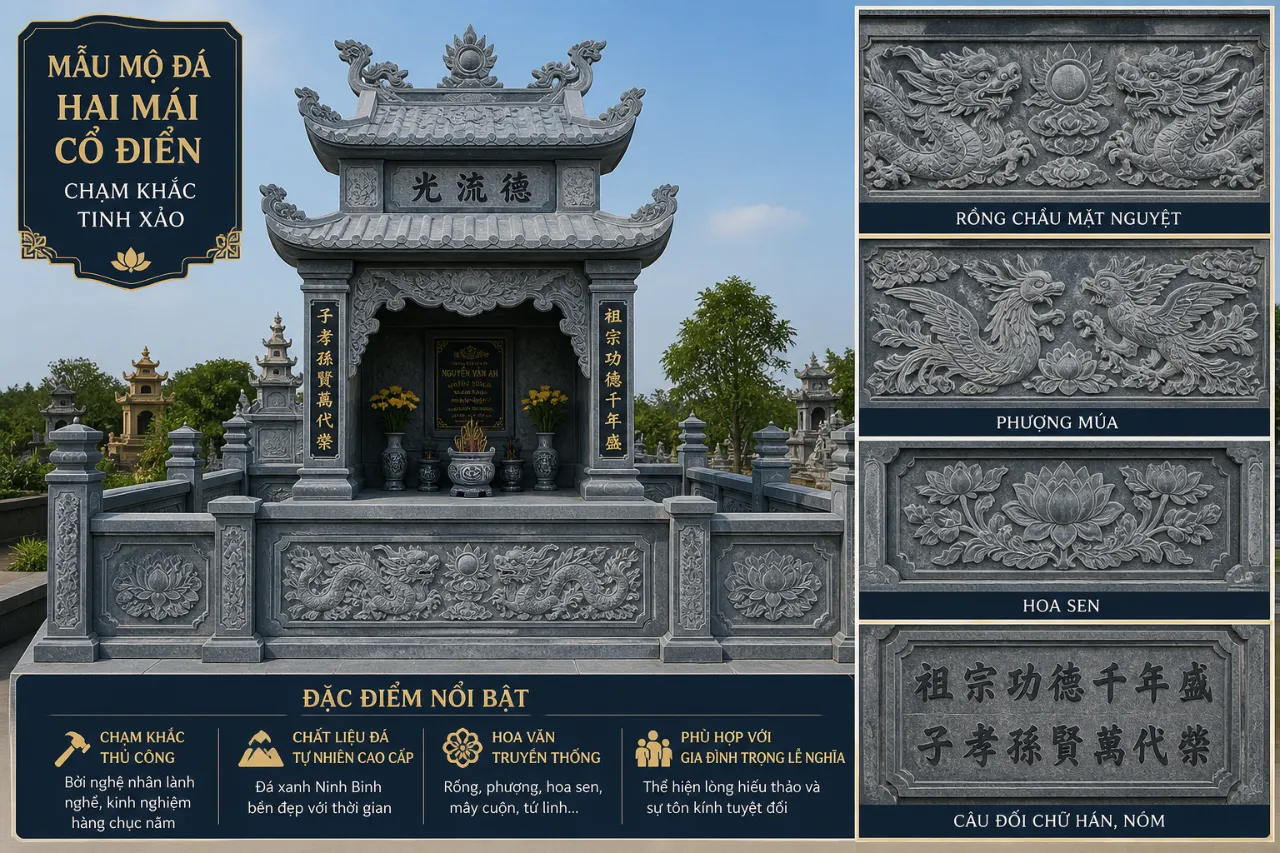 Mẫu mộ đá hai mái cổ điển chạm khắc tinh xảo