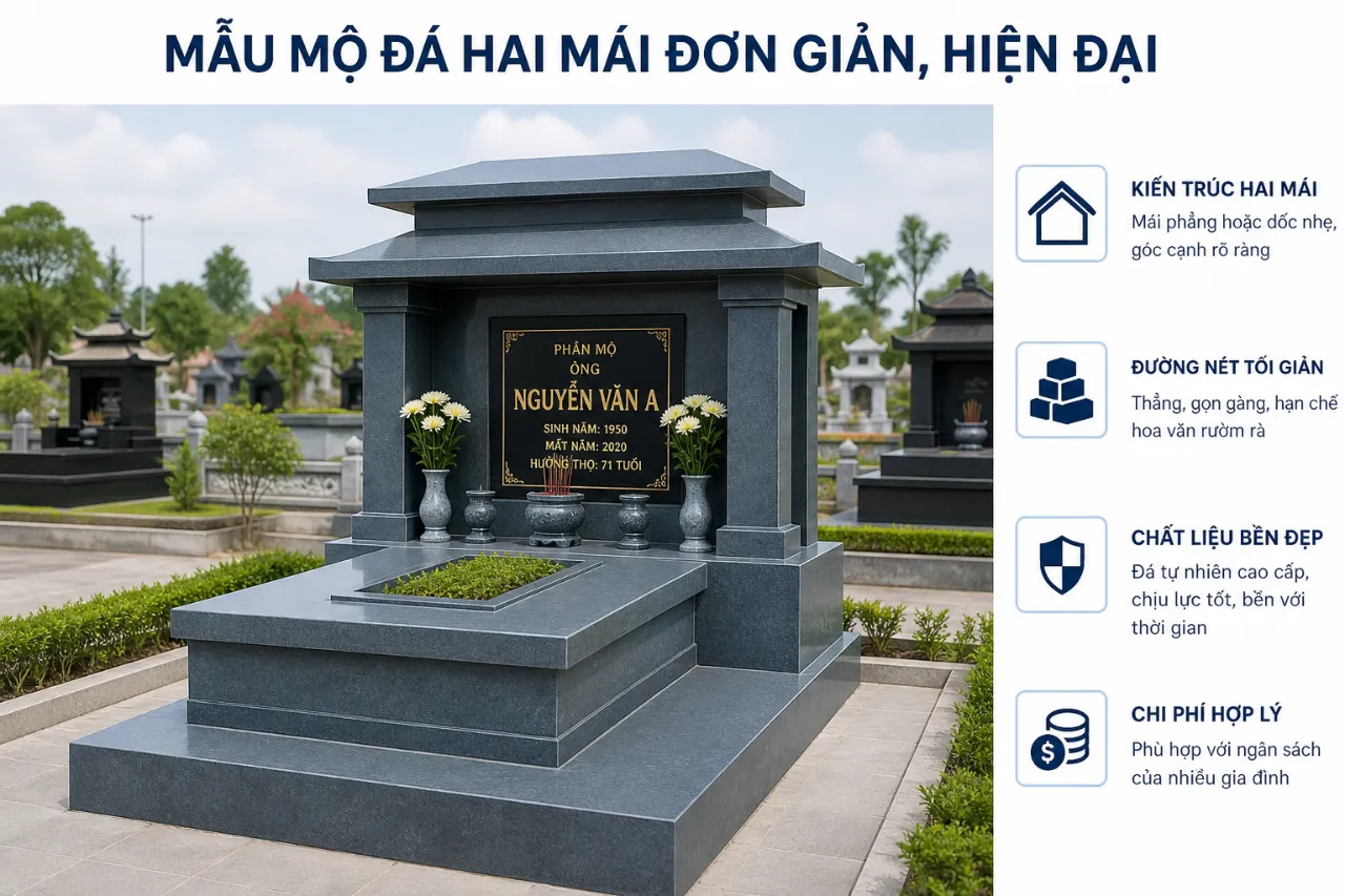 Mẫu mộ đá hai mái đơn giản, hiện đại