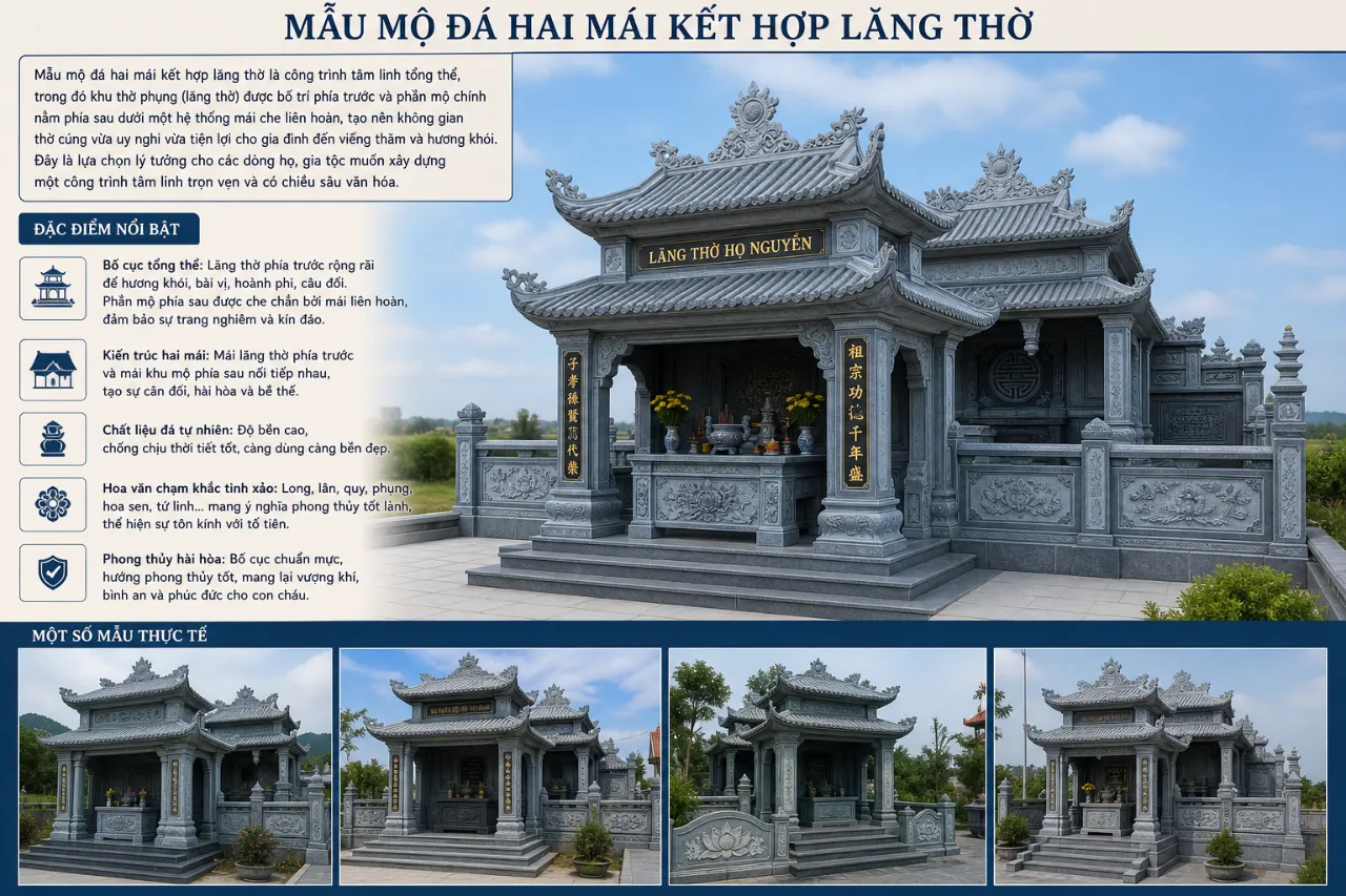 Mẫu mộ đá hai mái kết hợp lăng thờ