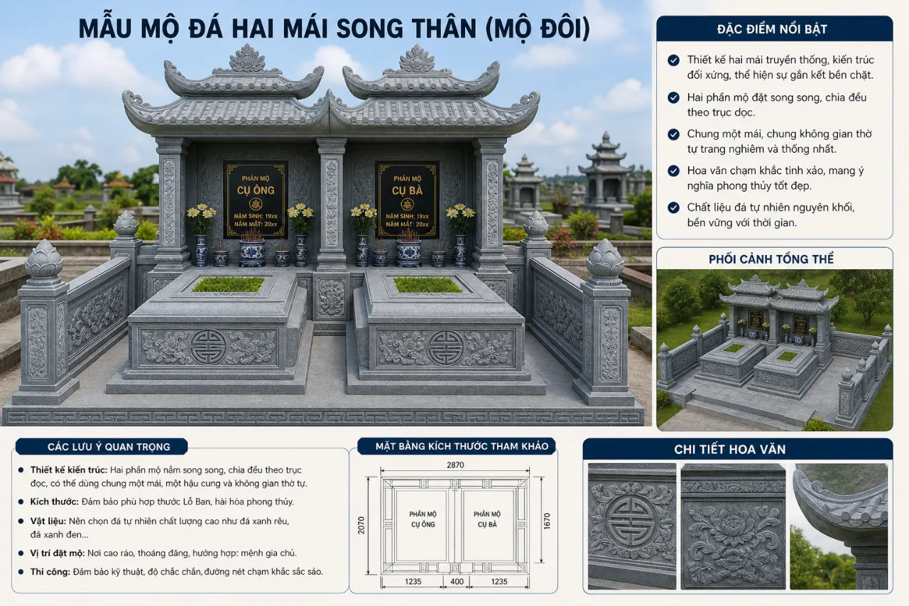 Mẫu mộ đá hai mái song thân (mộ đôi)