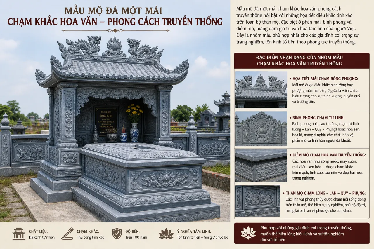 Mẫu mộ đá một mái chạm khắc hoa văn – phong cách truyền thống