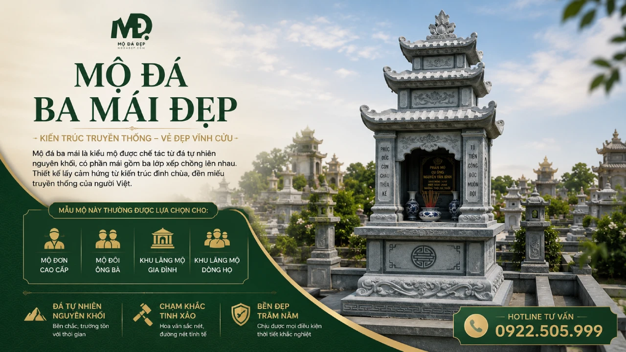 Mộ đá ba mái có thiết kế cao lớn tạo cảm giác trang nghiêm và nổi bật hơn trong tổng thể khu lăng mộ
