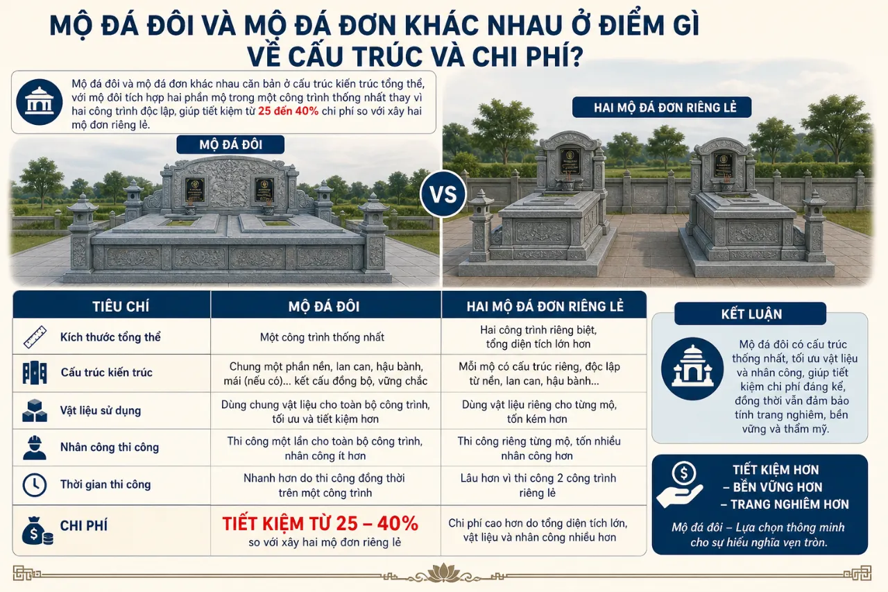 Mộ đá đôi và mộ đá đơn khác nhau ở điểm gì về cấu trúc và chi phí?