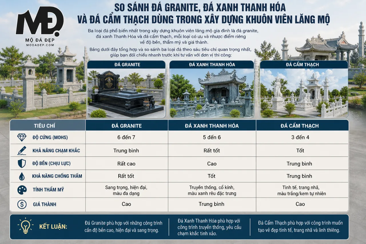 So Sánh Đá Granite, Đá Xanh Thanh Hóa Và Đá Cẩm Thạch Dùng Trong Xây Dựng Khuôn Viên Lăng Mộ