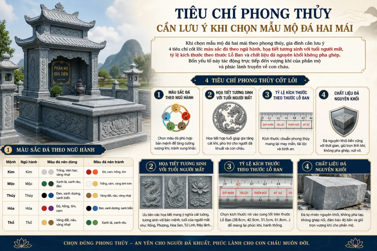 Tiêu chí phong thủy cần lưu ý khi chọn mẫu mộ đá hai mái
