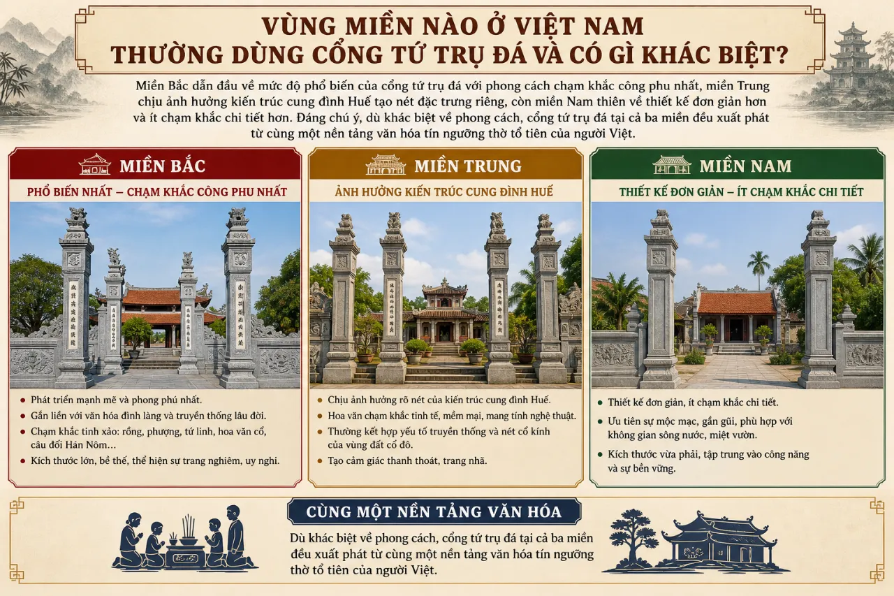 Vùng Miền Nào Ở Việt Nam Thường Dùng Cổng Tứ Trụ Đá Và Có Gì Khác Biệt?